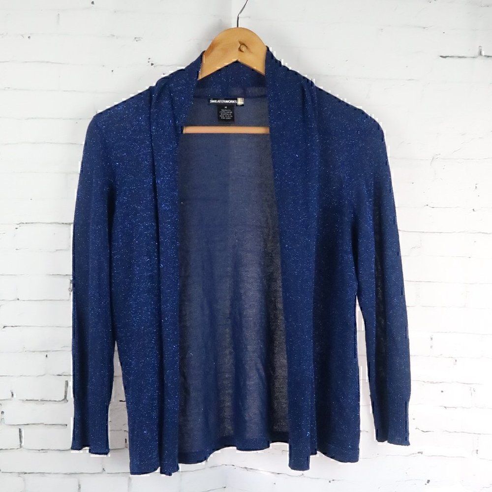 SWEATERWORKS BLUE METALLIC COWL NECK OPEN CARDIGAN SWEATER SIZE MEDIUM